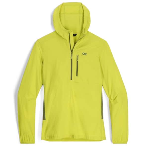 Front view of men's sun hoodie with UPF 50+ sun protection, featuring breathable mesh panels for hiking