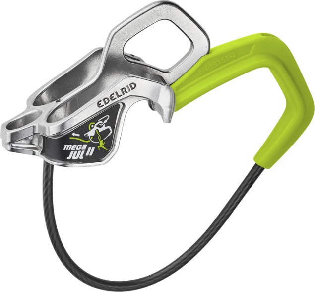Edelrid Mega Jul Plus belay device from a side angle, highlighting its ergonomic design.