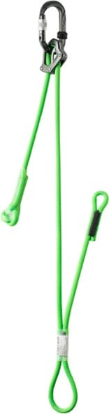 Edelrid Adjustable Climbing Lanyard on a harness during a climb.