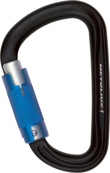 Top angle view of the Metolius TitanLock auto-lock carabiner clipped to a harness