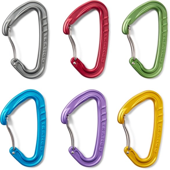 Phase Matte Lightweight Carabiner Rack Pack displaying six color-coded carabiners arranged on a rock climbing harness.