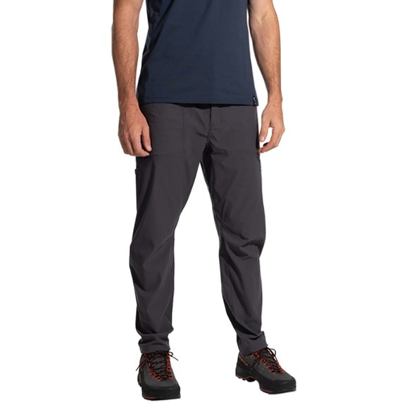 Front view of Talus EcoFlex stretch climbing pants showing elastic waistband and straight-leg fit, ideal men's outdoor pants