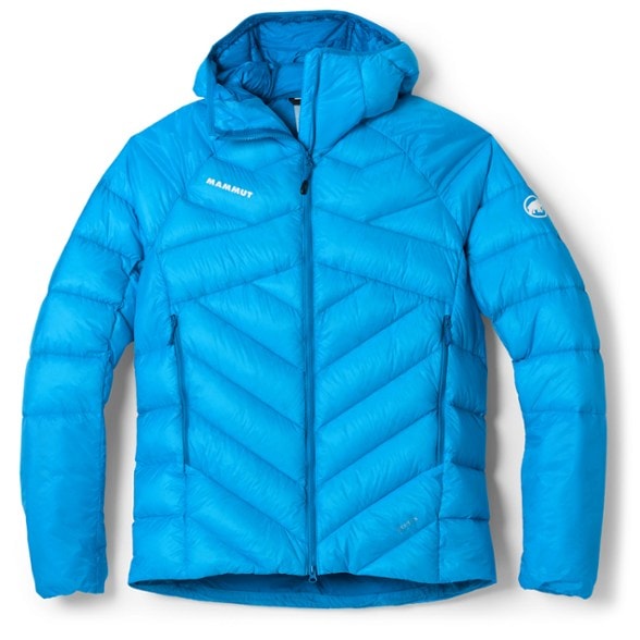 Front-facing view of men's down jacket in alpine blue, ideal for mountaineering jacket needs