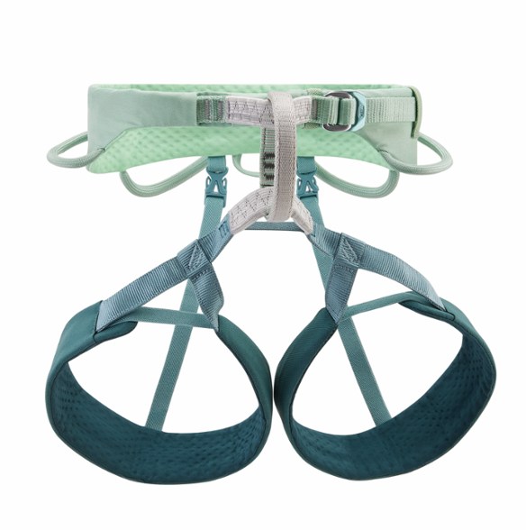 Front view of Petzl Selena women's harness showing ergonomic waistbelt and padded leg loops