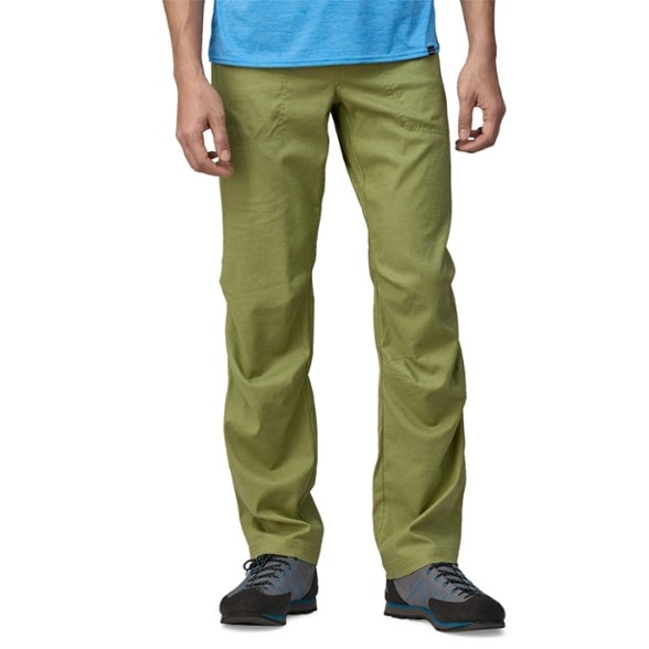 Side view of Patagonia Hampi Rock climbing pants during an outdoor climb, highlighting breathability and fit.