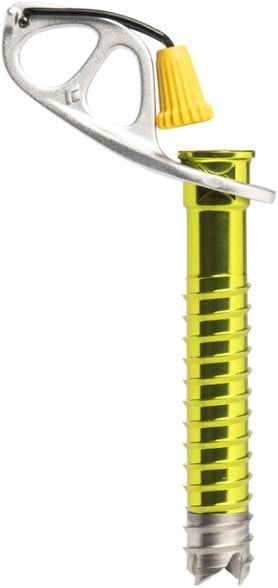 Lightweight ice screw positioned in ice, showcasing its steel tip and aluminum body.