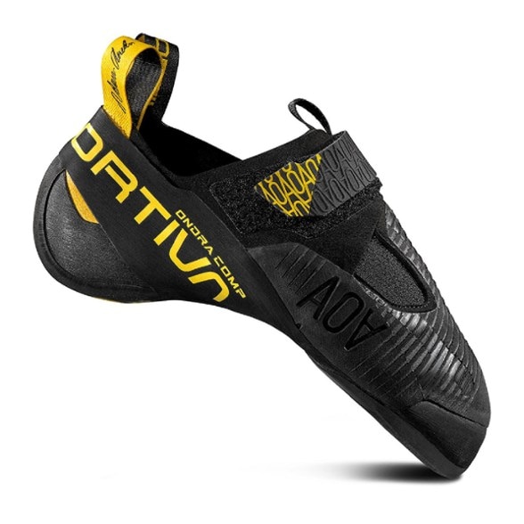 Side view of Ondra Comp climbing shoes showcasing Vibram Grip2 technology.