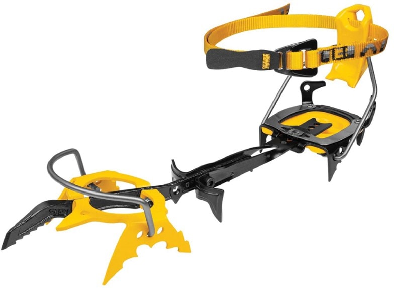 Close-up of G20 EVO crampons showing mono front point and step-in bindings