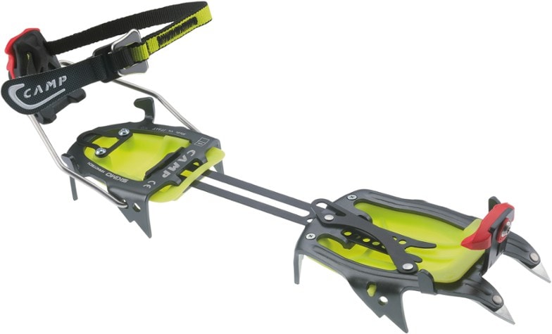 Close-up of C.A.M.P. Skimo Tour Nanotech crampons showing lightweight 7075 aluminum frame and automatic bindings