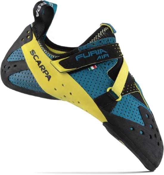 Scarpa Furia Air climbing shoes showcasing the lightweight design and breathable microsuede upper from the side.