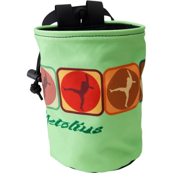 Metolius Classic Cylinder Chalk Bag in action at a climbing gym, showcasing its fleece lining and secure buckle.
