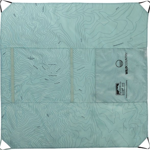 Angle view of the TrailGuard Climbing Rope Tarp showcasing its topographic design and handles.