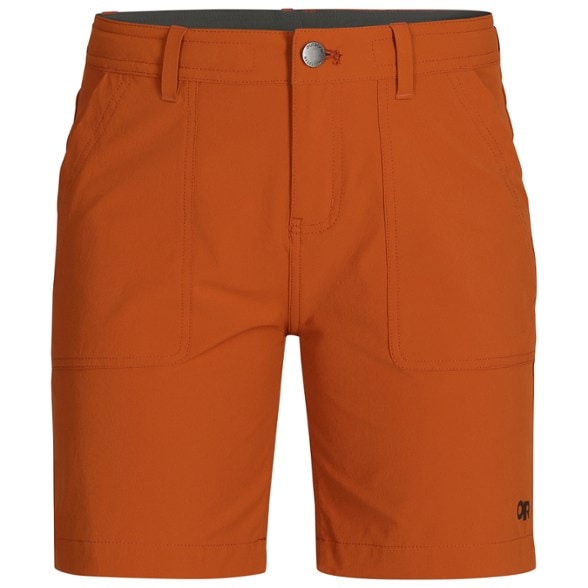 Front view of women's climbing shorts showcasing eco-friendly fabric and pockets.