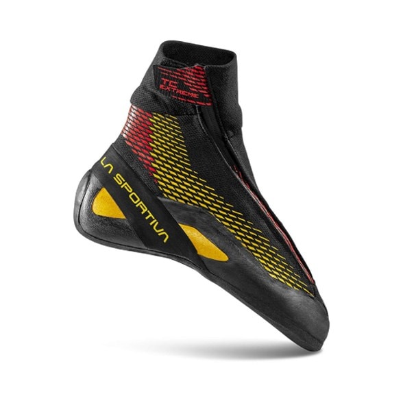 Side view of La Sportiva TC Extreme climbing shoes showcasing their thermal gaiters and sleek design.