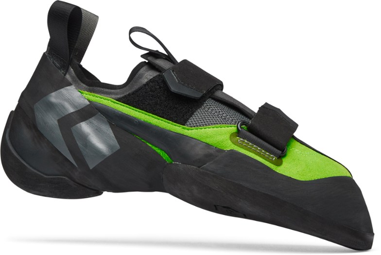 Front view showing streamlined shape and textured rubber of rock climbing shoes