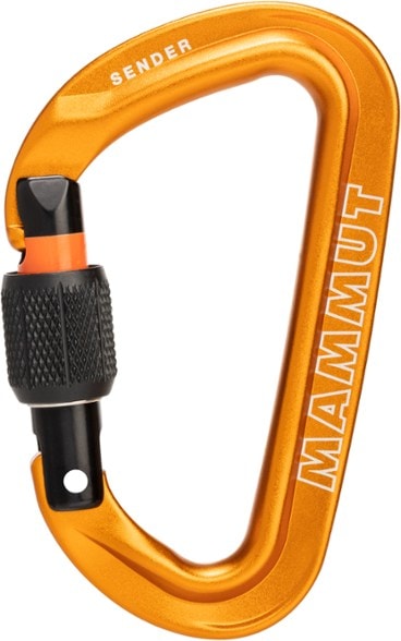 Mammut Sender Screwgate Carabiner showing its lightweight design and orange locking indicator.