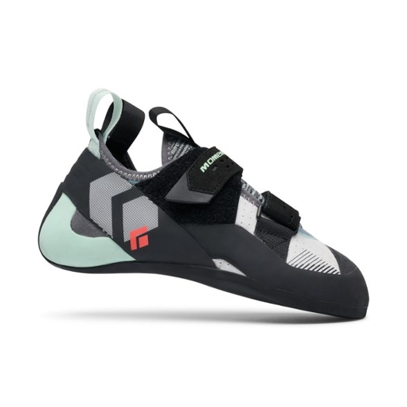 Side view of Black Diamond Momentum women's climbing shoes showing the engineered knit tongue and microsuede upper.