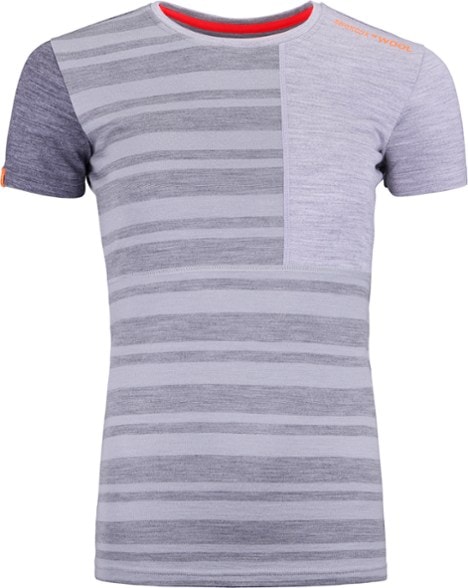 Front view of Ortovox women's merino wool base layer top in bright colors, ideal for climbing.