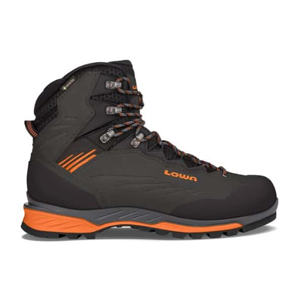 Close-up side profile of Lowa Cadin II GTX mountaineering boots showcasing durable GORE-TEX upper and lacing system