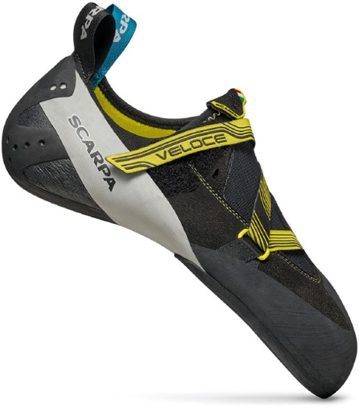 Men's rock climbing footwear in gym setting showing top-down view of moderate downturn