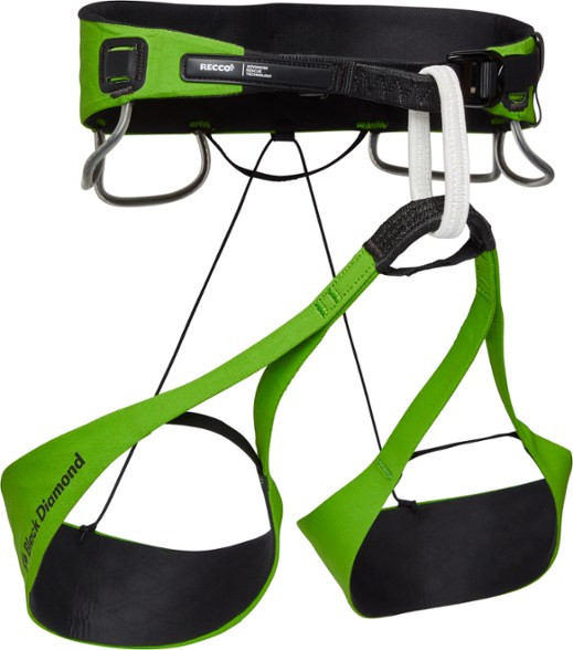 Black Diamond Vision airNET harness displayed in a climbing setting, highlighting its ultralight features.