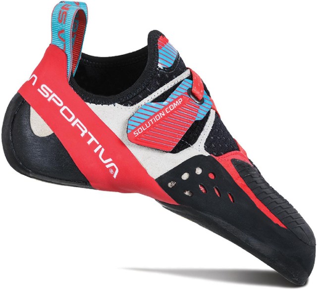 La Sportiva Solution Comp climbing shoes for women, showcasing a side view with bright colors for enhanced visibility.