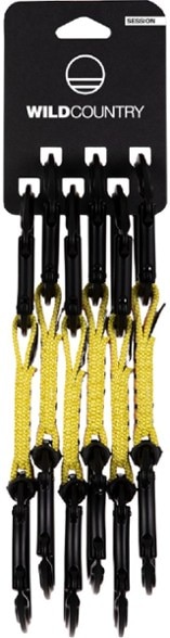 Close-up of lightweight aluminum climbing carabiner with bent-gate from Wild Country quickdraw set