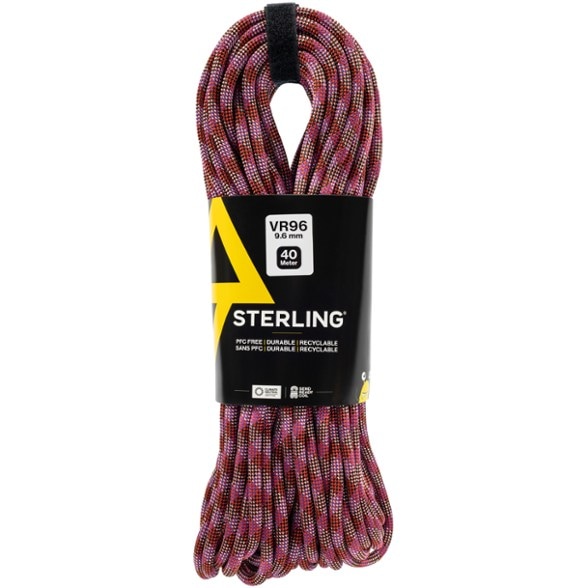 Sterling VR96 dynamic climbing rope displayed against a rock climbing background.