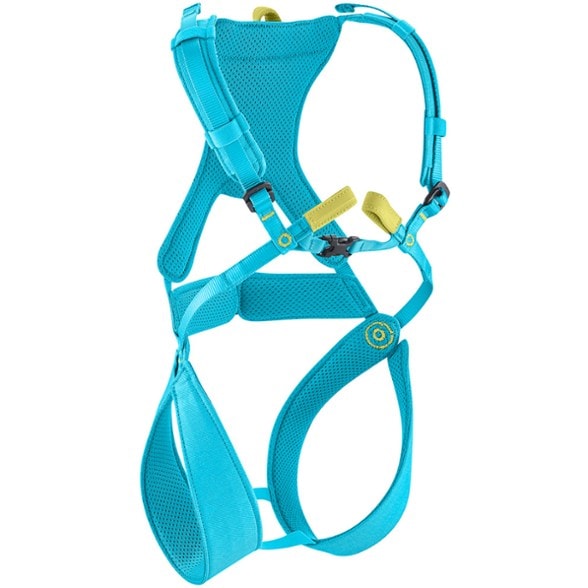 Front view of the Edelrid Fraggle III harness showcasing its padded design for kids' safety.