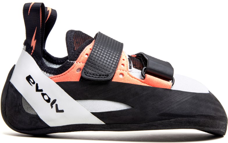 Evolv Geshido women's climbing shoes in action on a vertical wall.