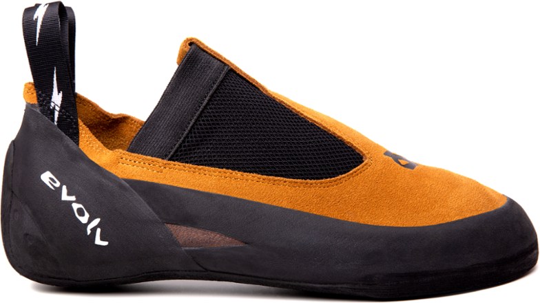 Side view of RaveSlip climbing shoes showing low-profile slip-on design and leather finish