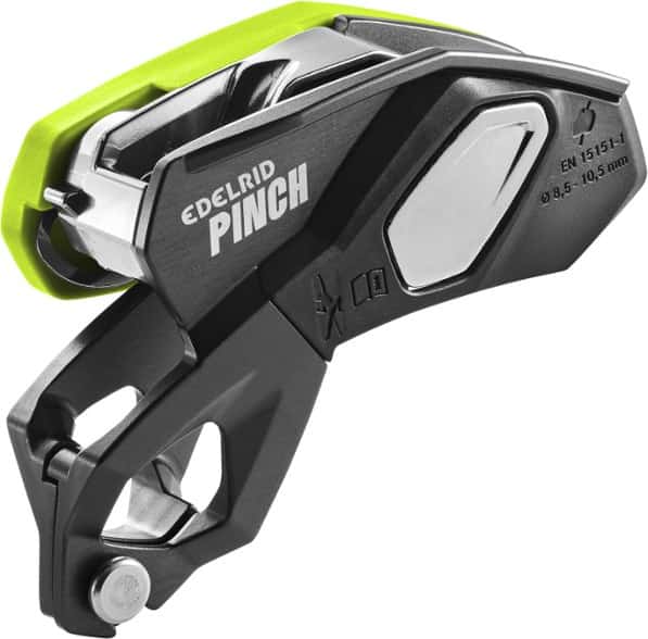 Edelrid Pinch Pro belay device shown from the side, highlighting its locking mechanism and cam-assisted braking feature.