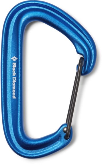 Black Diamond LiteWire Wiregate Carabiner showing the hot-forged construction and hinge-basket design, ideal for climbing.