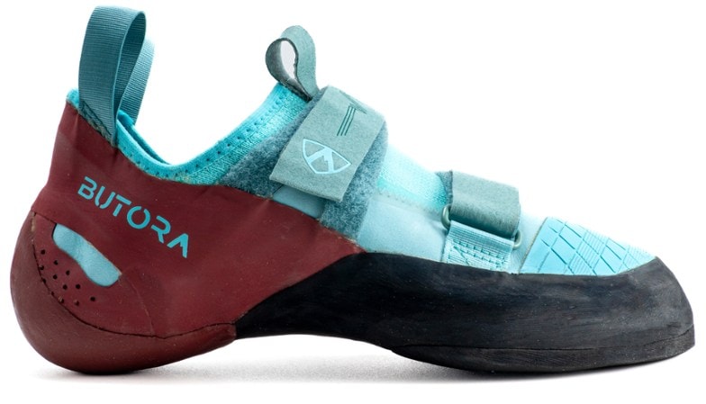Side angle of Butora Rubicon Pro wide fit climbing shoes highlighting double-strap closure and synthetic-suede uppers