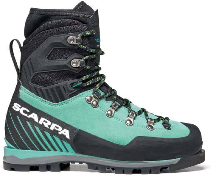 Close-up of Mont Blanc Pro GTX Women's Waterproof Mountaineering Boots displaying the TPU-reinforced cuff and leather upper.