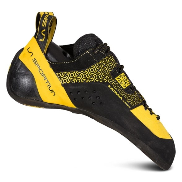 Side view of La Sportiva Katana Lace climbing shoes highlighting the sleek design and downturned toe.