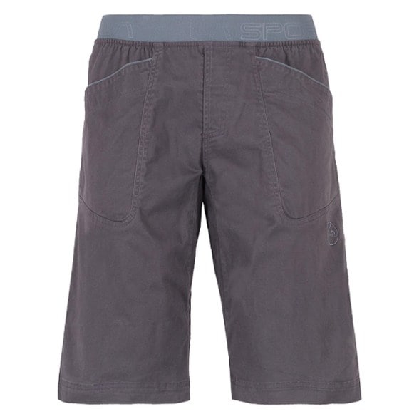 Front angle of men's technical climbing shorts showing durable cotton-spandex fabric and elastic waistband
