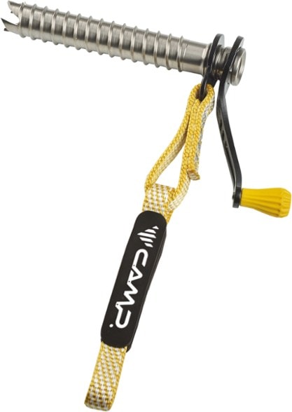 Close-up view of Rocket Pro Dyneema ice screw showcasing its Chromoly steel construction.