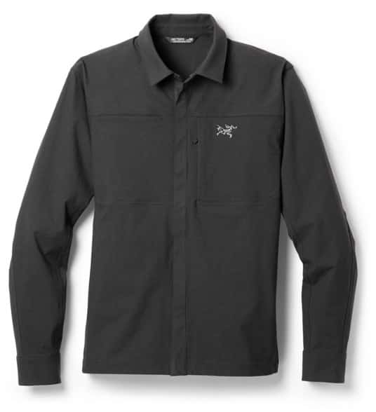 Front view of men's stretch cotton overshirt designed for rock climbing and outdoor activities