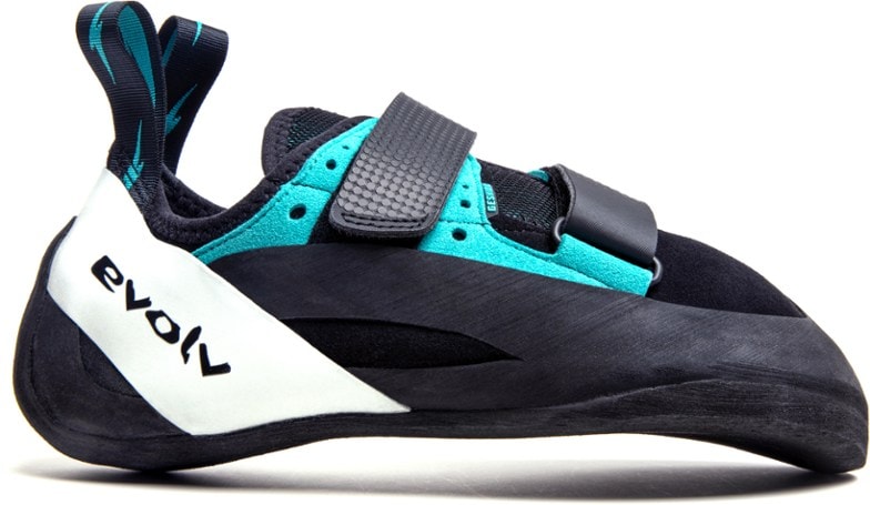 Side view of Evolv Geshido climbing shoes showcasing strap closure and synthetic upper.