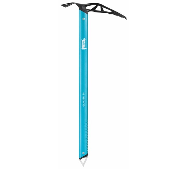 Petzl Glacier Ice Axe showcasing its curved head and stainless-steel spike, ideal for glacier travel.