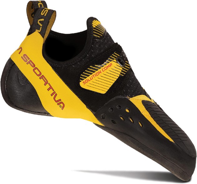 Close-up of Performance Solution Comp Men's Climbing Shoes showcasing the Fast Lacing System and heel-lock harness.