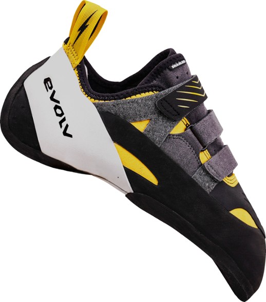 Evolv Shaman climbing shoes from the side, highlighting the downturned toe design.