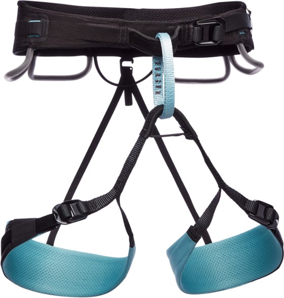 Women's Precision Climbing Harness showing adjustable leg loops and waistbelt for comfort