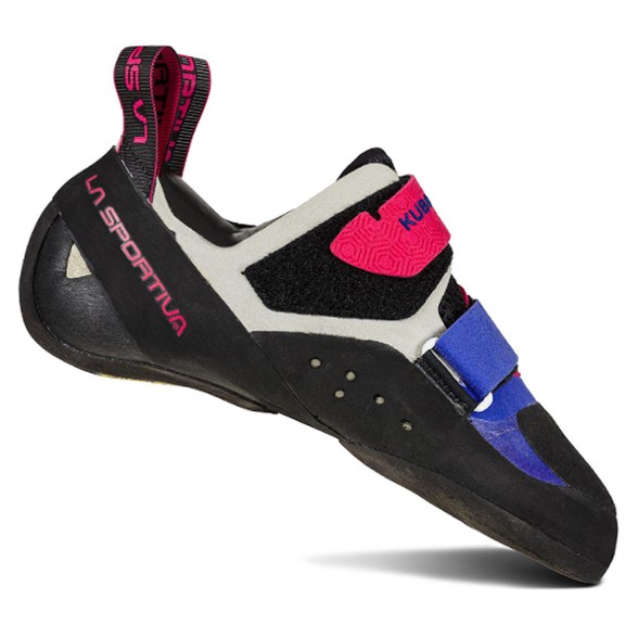 La Sportiva Kubo women's climbing shoes viewed from the side, highlighting the vibrant design and breathable material.