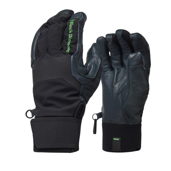 Close-up of Terminator Pro ice climbing gloves showing goat leather palms and TPU knuckle protection