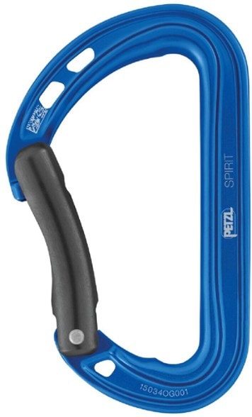 Petzl Spirit Lite bent gate carabiner angled view showing lightweight design for rock climbing