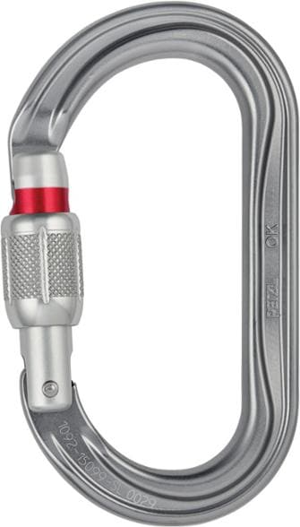 Petzl OK Oval screwgate locking carabiner displaying its lightweight aluminum design.