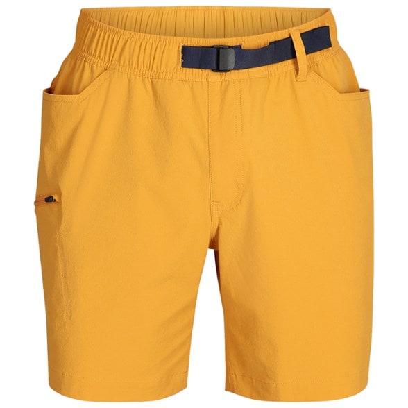 Men's Eco-Friendly Climbing Shorts shown on a rocky terrain with climbing gear.