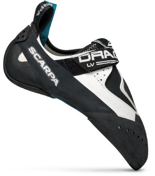 Scarpa Drago LV climbing shoes from the side, highlighting the aggressive downturned design.